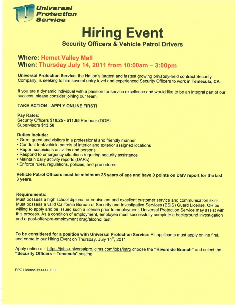 Hemet Valley Mall » Universal Protection Service Job Fair July 14, 2011